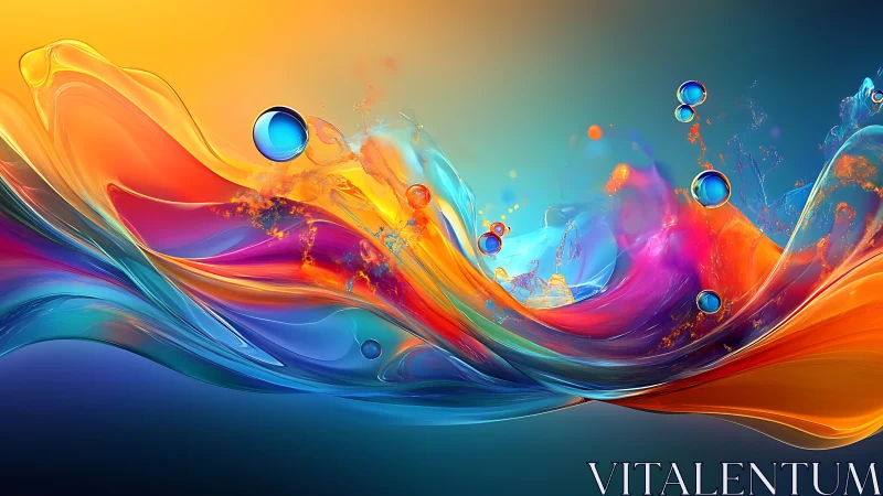 Prismatic liquid waves dance beneath rising neon orbs.