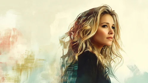 Sunlit muse emerges from watercolor whispers and silence.