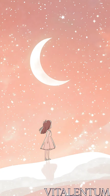 Girl in pink twilight gazes at crescent moon and stars.