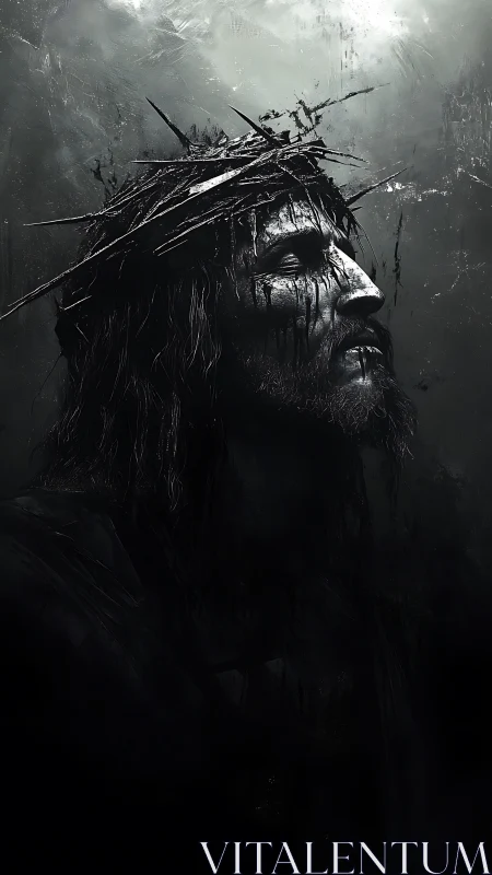 Monochrome digital crucifixion portrait with jagged thorn crown
