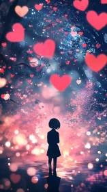 Solitary Figure Silhouette Among Celestial Hearts.
