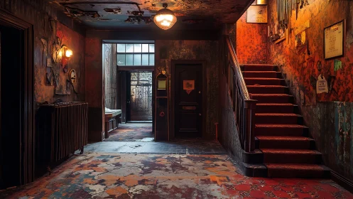 Decaying tenement stairwell under moody tungsten glow.