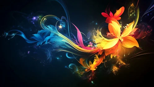 Abstract light trails forming multicolored floral patterns.