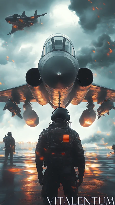 Fighter jet and ground crew on wet runway under storm clouds.