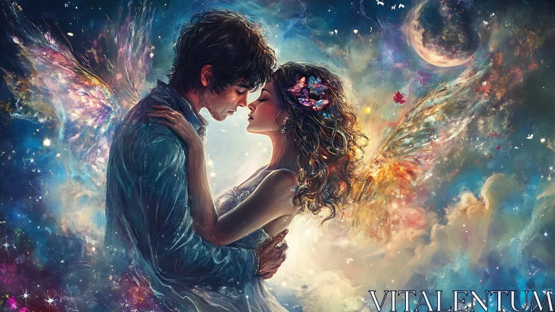 Celestial Romance Beneath Cosmic Wings and Moonlight