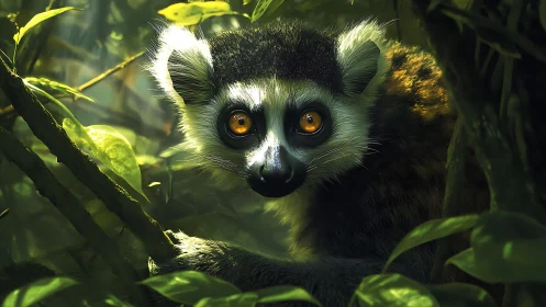Lemur with bright amber eyes in dense green jungle habitat.