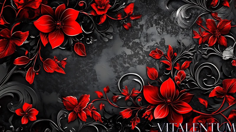 Vibrant Red Flowers Dance With Elegant Black Scrolls