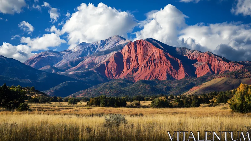 Crimson mountain peaks rise above sunlit autumn grasslands