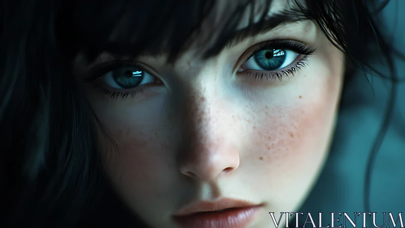 Close digital portrait of freckled girl with teal eyes.