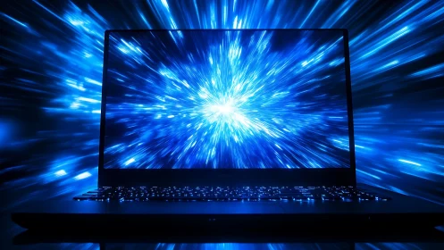 High-speed digital laptop portal with radiant blue data burst.