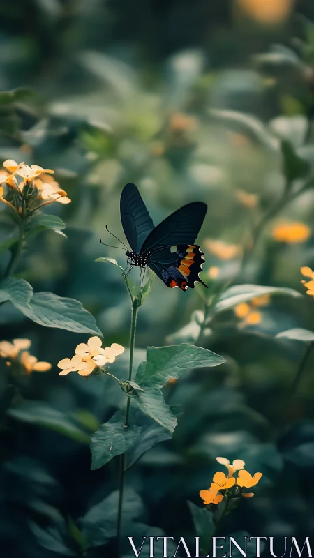 Dark butterfly rests on yellow wildflowers in shallow depth