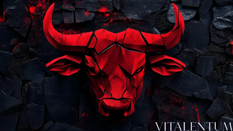 Geometric Red Bull Head on Dark Textured Wall, Digital Art.