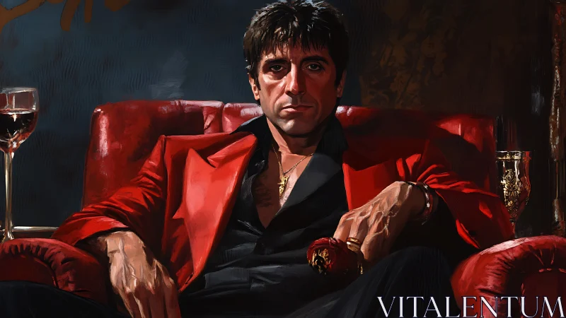Crimson throne of power with brooding cigar kingpin gaze.