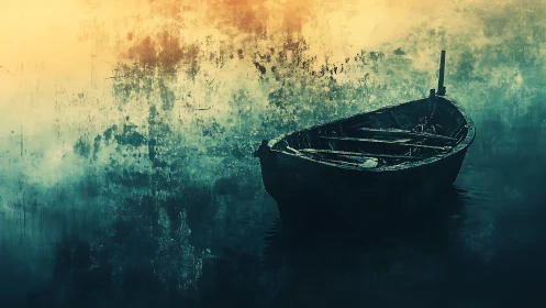 Lonely wooden rowboat rests in a misty teal and gold haze