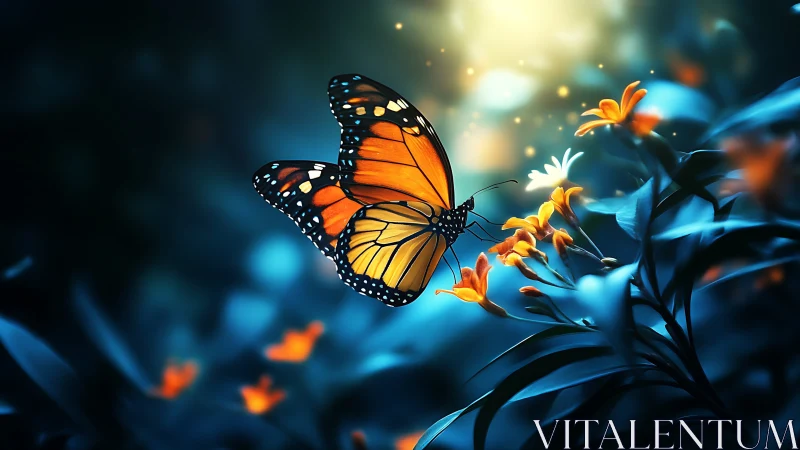 Monarch butterfly hovers in luminous teal bokeh garden.