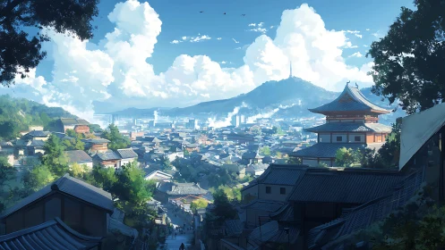 Digital painting of sunlit terraced Japanese hill cityscape panorama.