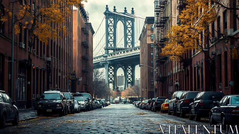 Urban street frames steel suspension bridge with parked cars