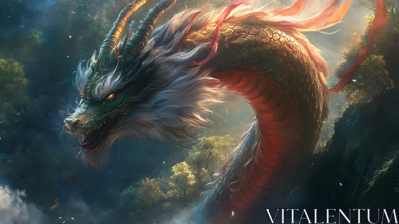 Gentle sky serpent gliding through a sunlit forest dream.