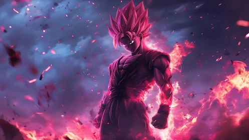 Fiery anime warrior ignites a stormy sky with raw power