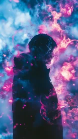 Silhouette ignites within neon cosmic firestorm clouds.
