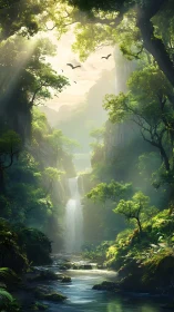 Sunlit jungle falls and riverway of quiet wild magic.