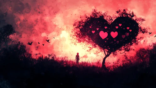 Silhouetted Figure Beneath Heart-Shaped Tree at Crimson Sunrise