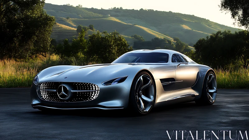 Sculpted silver supercar concept under warm sunset light.