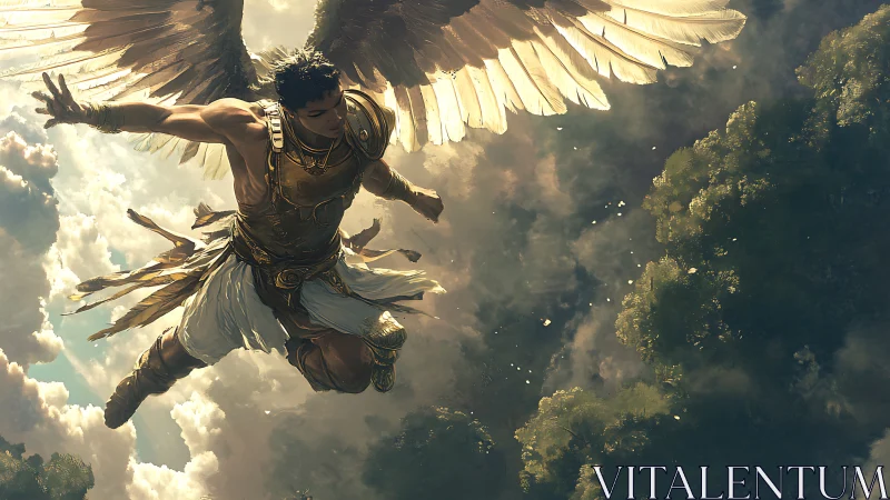 Winged warrior dives through stormlit skies in burning gold