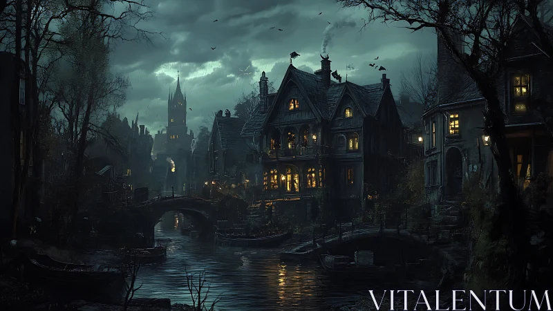 Gothic riverside village glows beneath a stormy twilight sky.