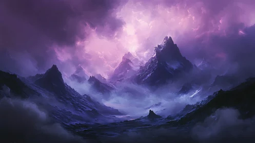 Luminescent storm clouds crown jagged violet alpine peaks