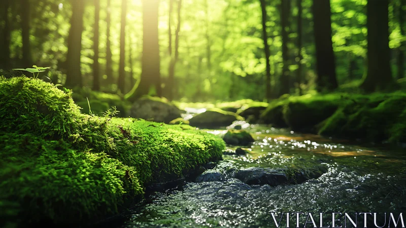 Sunlit mossy forest stream in lush green woodland, natural style.