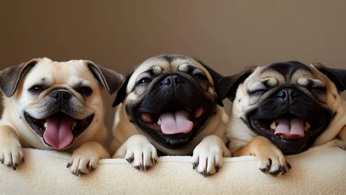 Joyful trio of playful pugs sharing big happy smiles.