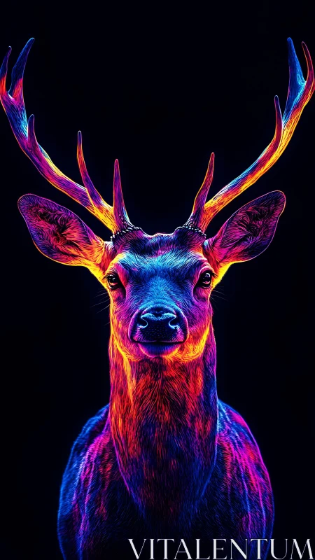 Neon antlered stag blazing like cosmic forest signage.