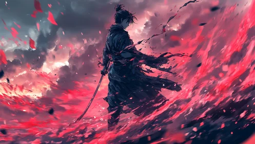 Stormlit ronin carving crimson winds across dusk skies.