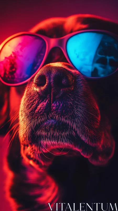 Neon-lit canine portrait with reflective bicolor sunglasses closeup.
