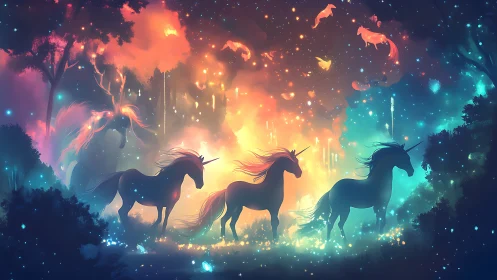Silhouetted unicorns in glowing multicolor fantasy forest.