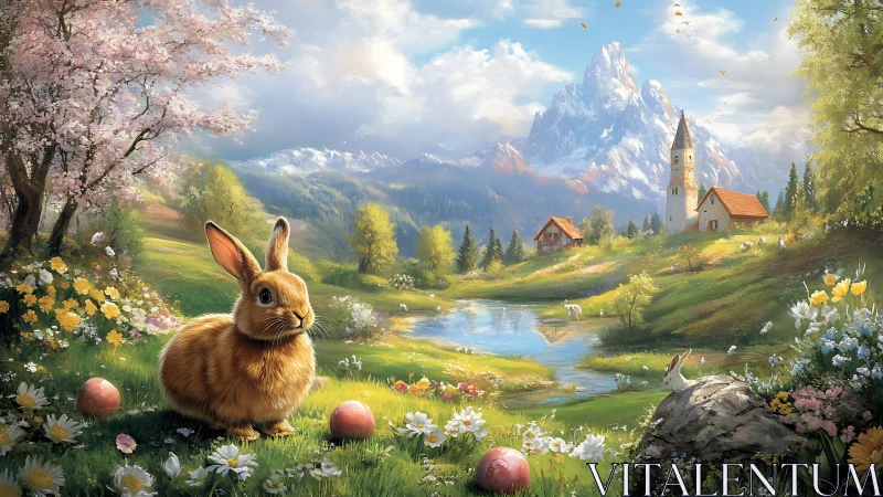 Springtime rabbit dreams in a storybook alpine valley meadow.