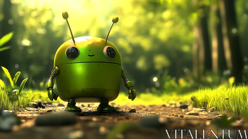 Cute green forest robot under warm cinematic sunlight.
