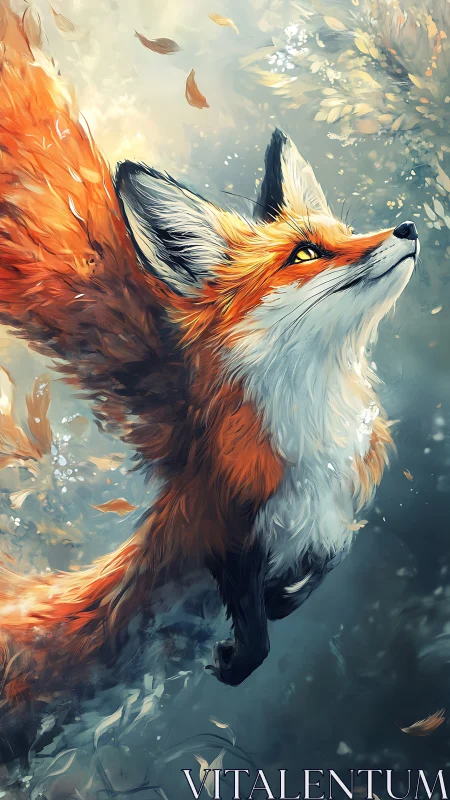 Red fox in vertical digital composition with foliage elements.