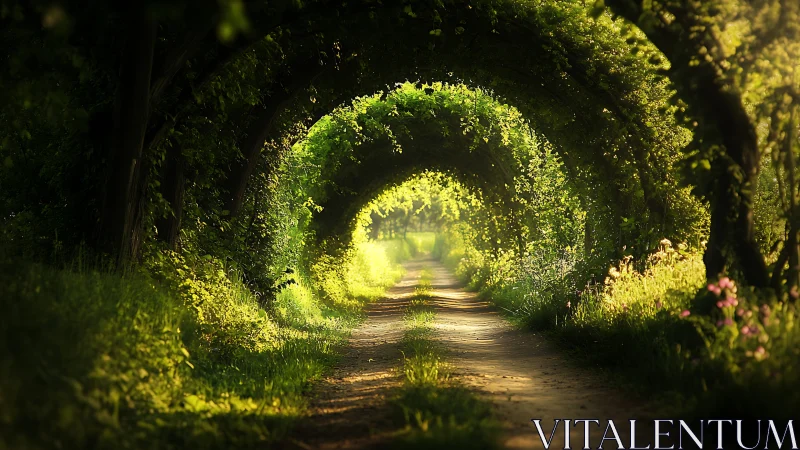 Sunlit woodland tunnel framing a winding country path.