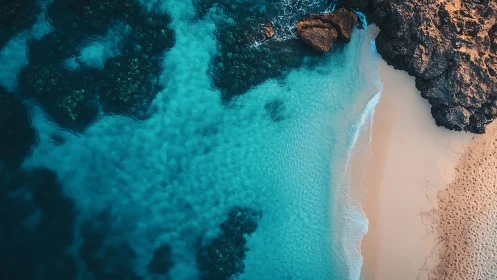 Turquoise surf meets sunlit sand below rugged sea cliffs.