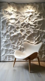 Organic sculpted wall with ergonomic shell chair in soft grazing light
