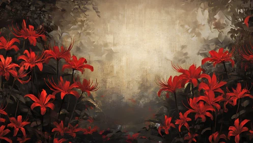 Red Spider Lilies Against Textured Sepia Landscape.