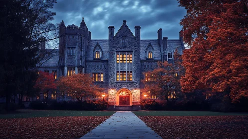 Inviting autumn-lit castle glowing under a moody twilight sky.