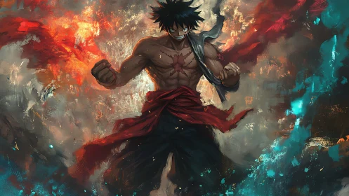 Storm-scarred fighter strides through twin tides of fire.