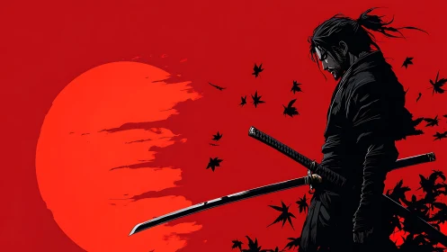 Scarlet dusk samurai broods beneath a blazing ink sun.