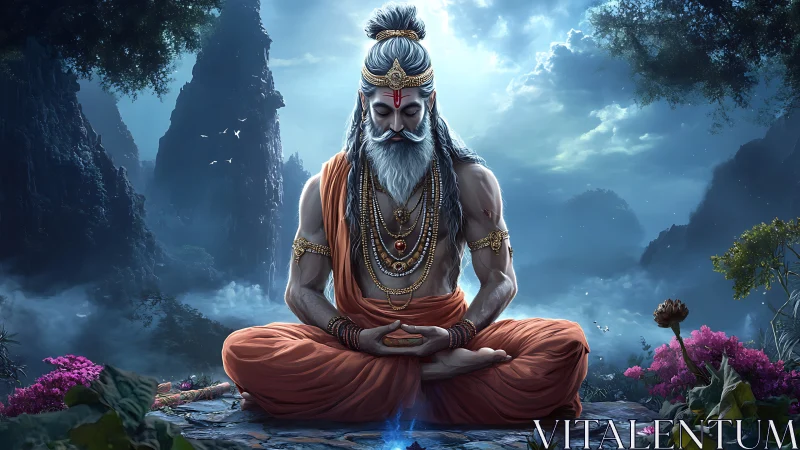 Bearded sage in seated meditation within misty mountain valley.