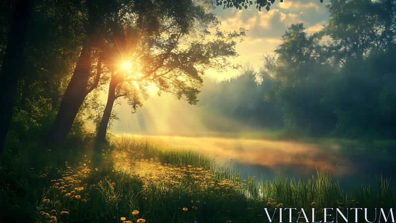 Serene forest sunrise with glowing mist over calm river, dreamy style.