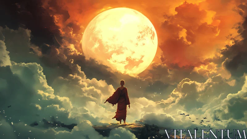 Monk Walking Through Glowing Clouds Toward a Gentle Moon.