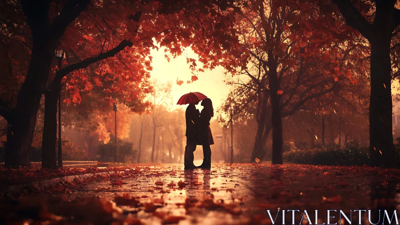 Silhouetted Couple Embracing Under Crimson Canopy with Umbrel. Rain Scene.